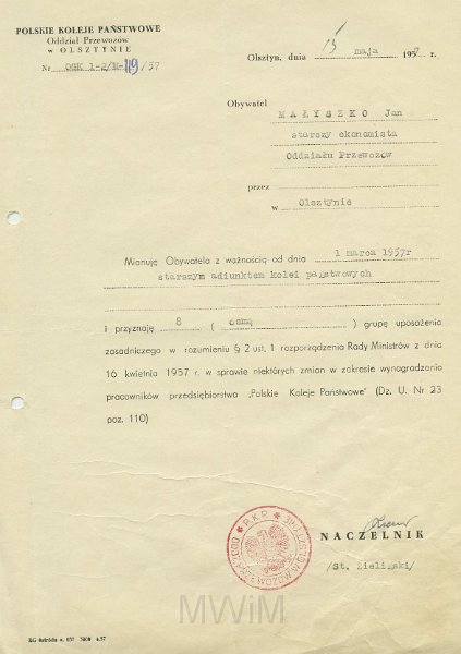 KKE 5628.jpg - Dok. Pismo z Polskich Kolei Państwowych w Olsztynie dla Jana Małyszko dotyczące awansu zawodowego, Olsztyn, 15 V 1957 r.